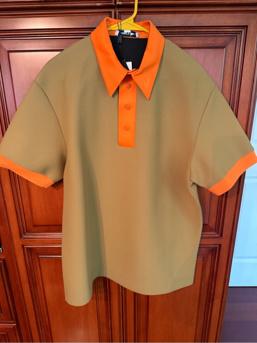 Lacoste Unisex Olive Green/Dark Tan Polo w/Vibrant Orange Collar and Trim. RARE